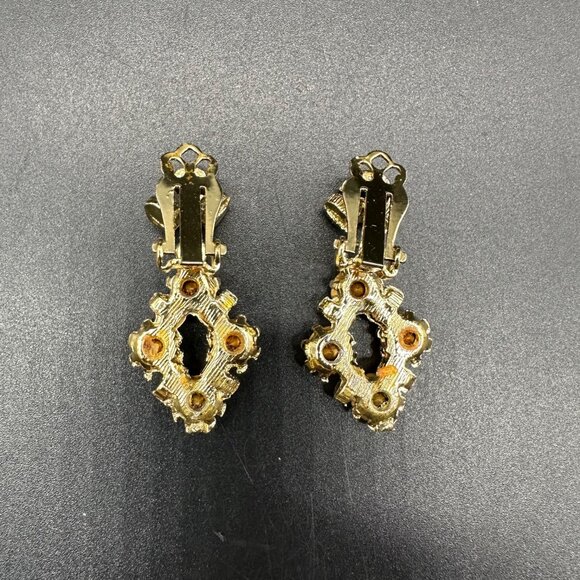 Vintage Clip On Earrings Gold Tone Green Blue Rhinestones Mid Century Jewelry - Picture 4 of 7